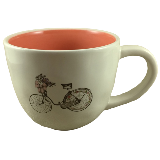 Rae Dunn Bicycle With Bunny And Pink Bow White Exterior Orange Interior Mug Magenta