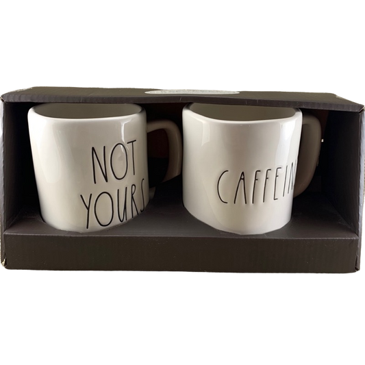 Rae Dunn Artisan Collection Not Yours & Caffeine Mug Set Cream Inside Magenta NEW IN BOX
