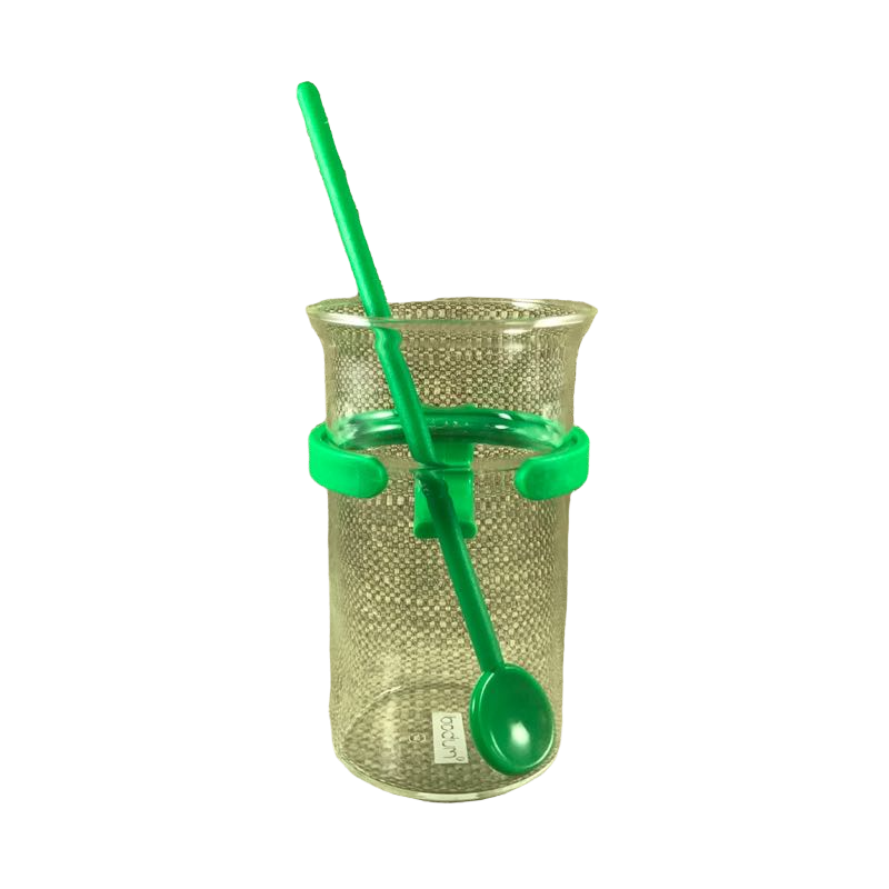 Tall Glass Mug With Plastic Green Handle And Spoon Bodum