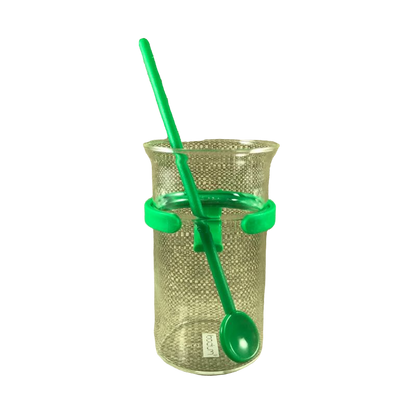 Tall Glass Mug With Plastic Green Handle And Spoon Bodum