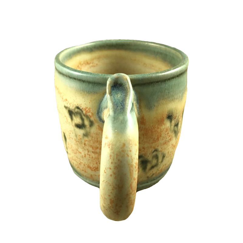 Vintage Abstract Two Tone Green And Beige Pottery With Thumbrest Mug