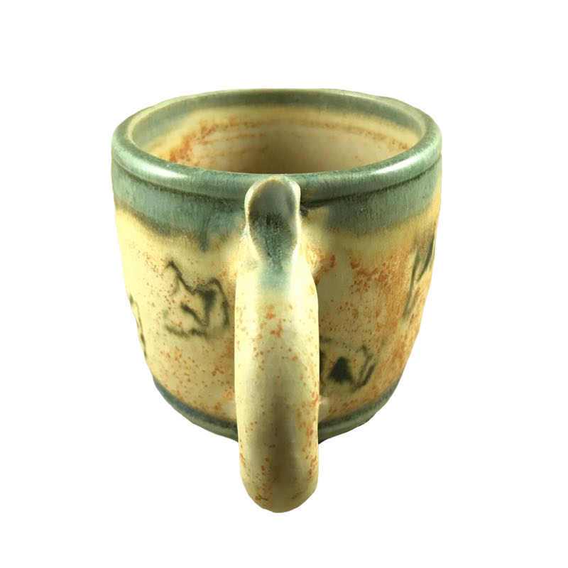 Vintage Abstract Two Tone Green And Beige Pottery With Thumbrest Mug
