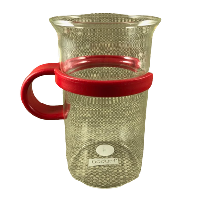 Tall Glass Mug With Red Plastic Handle Bodum