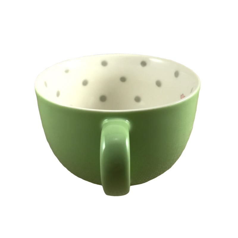 Green with Gray Dots And A Single Pink Flower Inside Mug Starbucks