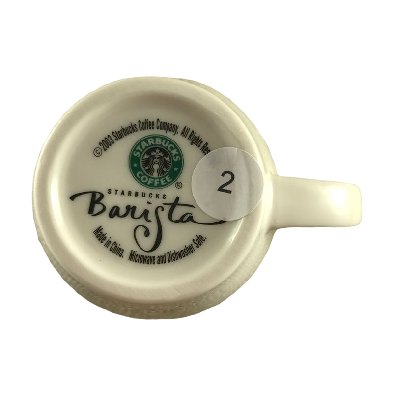 STARBUCKS 2003 Coffee Mug Tea Cup 5 White Brown Lettering Tall Slim 10 oz  VGUC
