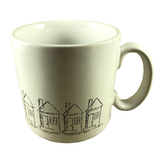 Yellow House With Rainbow Above Among 9 Other White Houses Mug