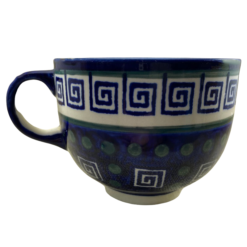 Boleslawiec Polish pottery soup mug featuring a blue and white spiral design with a decorative handle