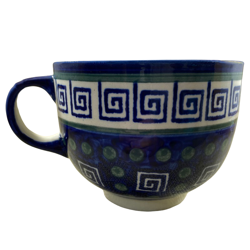 Boleslawiec Polish pottery soup mug featuring intricate blue spiral designs and a comfortable handle