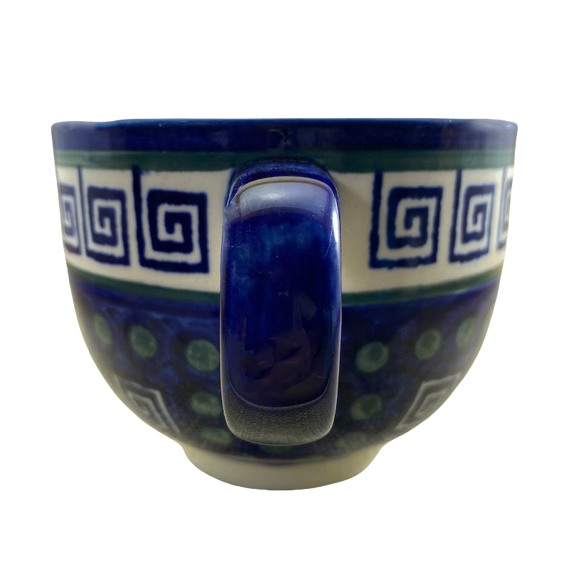 Boleslawiec Polish pottery soup mug in blue with geometric designs and a sturdy handle