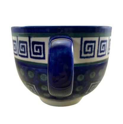 Boleslawiec Polish pottery soup mug in blue with geometric designs and a sturdy handle