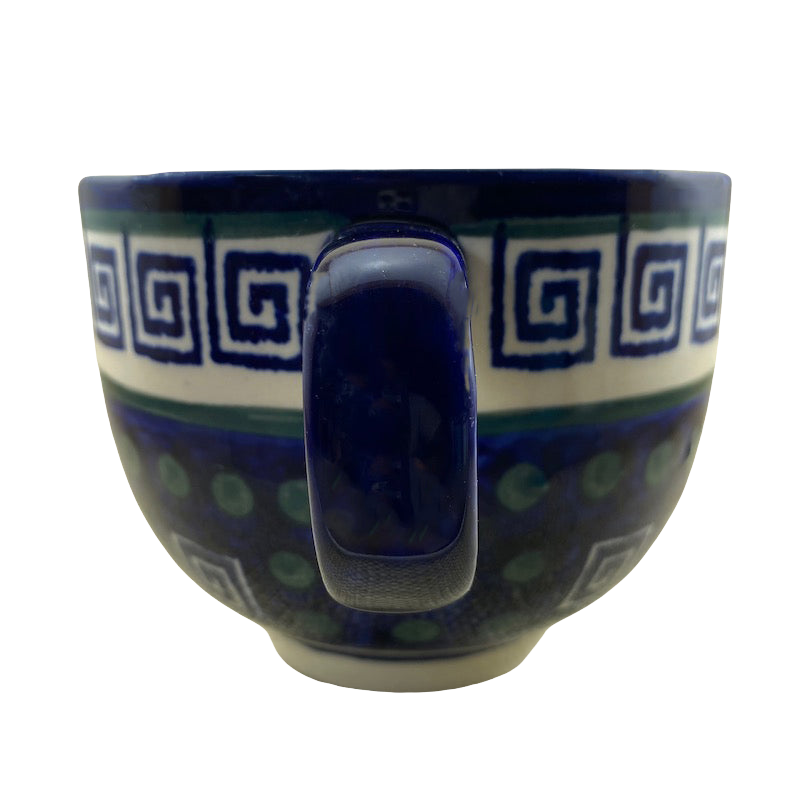 Boleslawiec Polish pottery soup mug in blue with geometric patterns and a comfortable handle