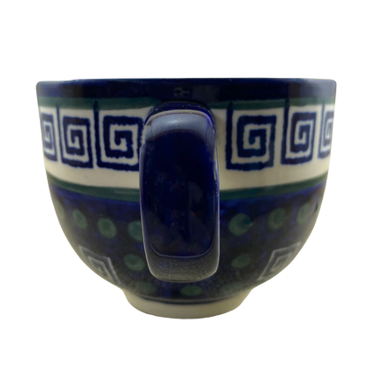 Boleslawiec Polish pottery soup mug in blue with geometric patterns and a comfortable handle