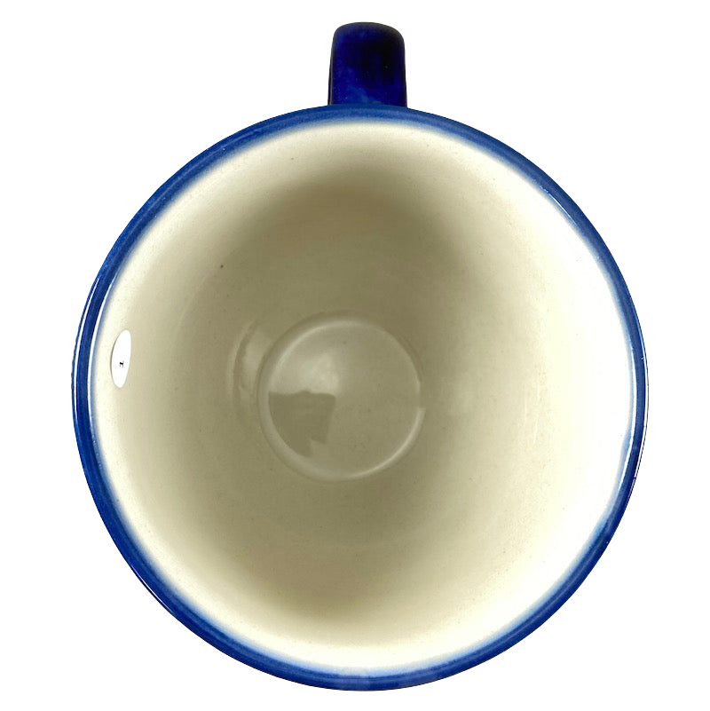 Inside view of a Boleslawiec Polish pottery soup mug in blue and white ceramic finish