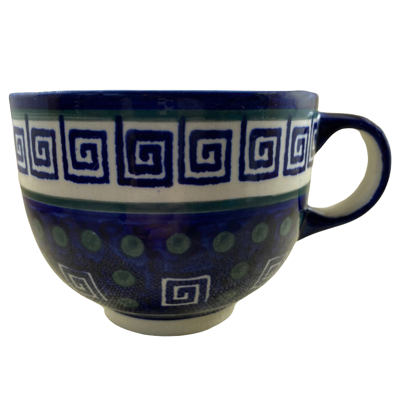 Boleslawiec Polish pottery soup mug featuring intricate blue and green patterns with a comfortable handle