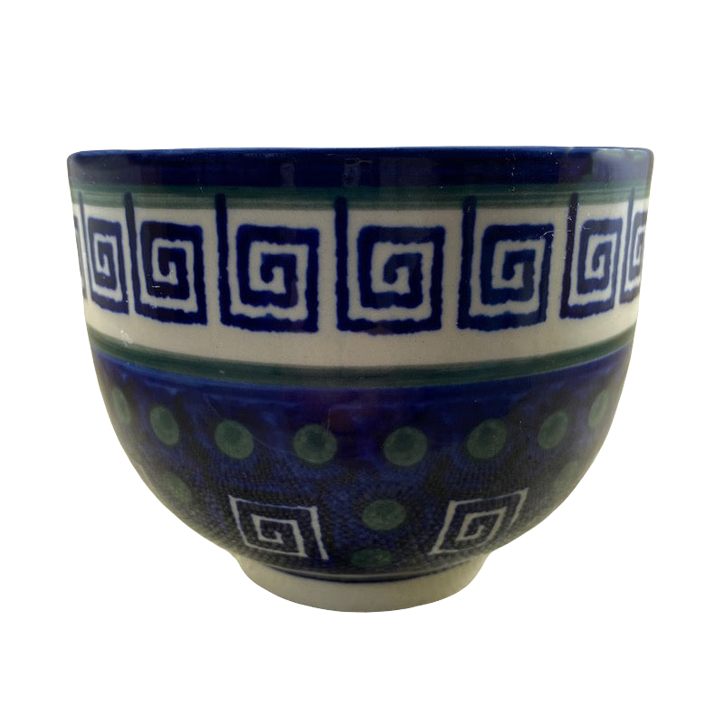 Boleslawiec Polish pottery soup mug featuring intricate blue and green geometric patterns
