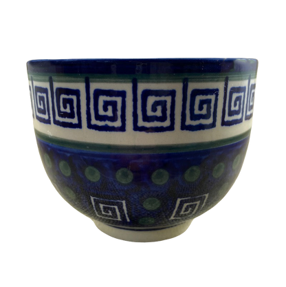 Boleslawiec Polish pottery soup mug featuring intricate blue and green geometric patterns