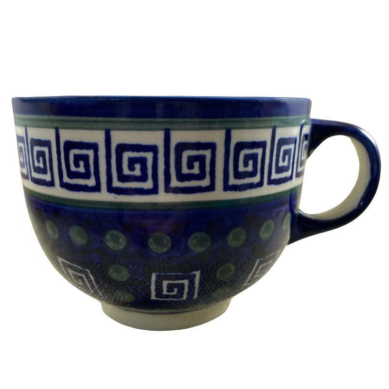 Boleslawiec Polish pottery soup mug in deep blue with decorative patterns and a sturdy handle