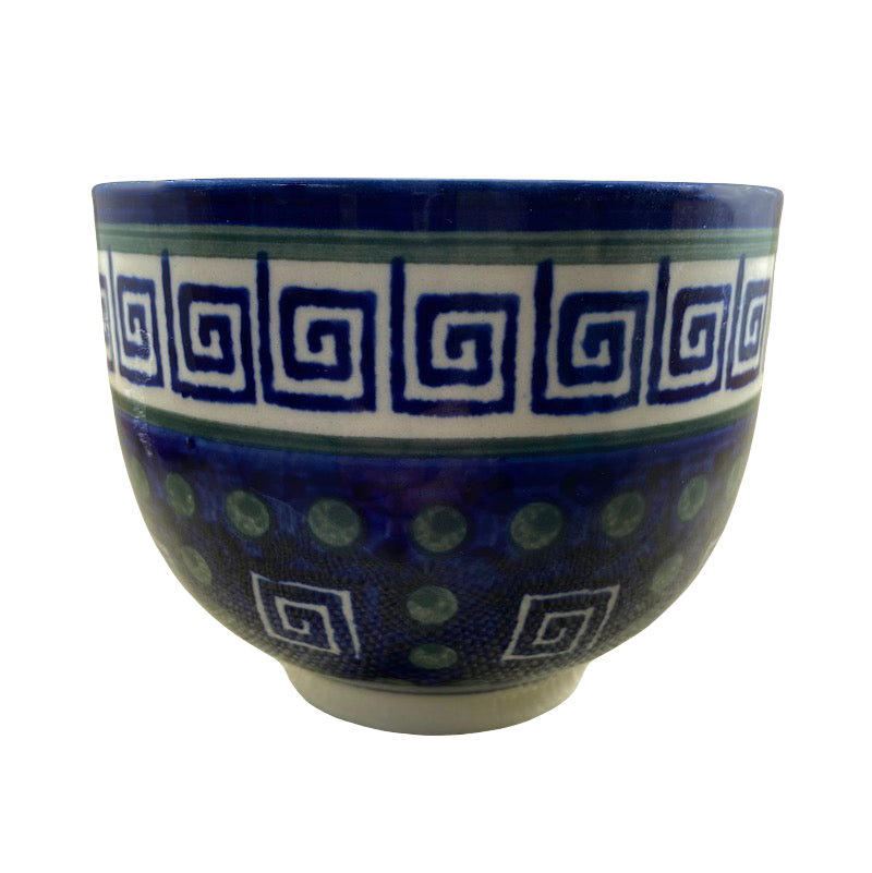 Boleslawiec Polish pottery soup mug featuring intricate blue spiral and dot patterns