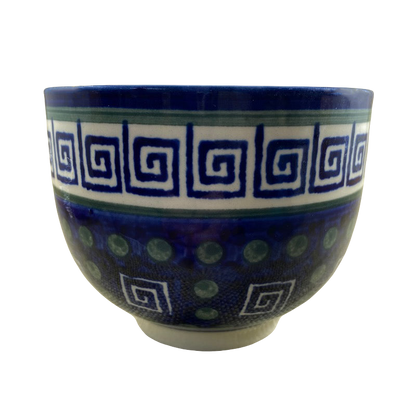 Boleslawiec Polish pottery soup mug featuring intricate blue spiral and dot patterns