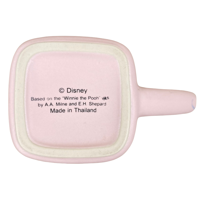 Pink square Disneyland Winnie the Pooh Make A Wish vintage mug showing bottom copyright stamp and handle