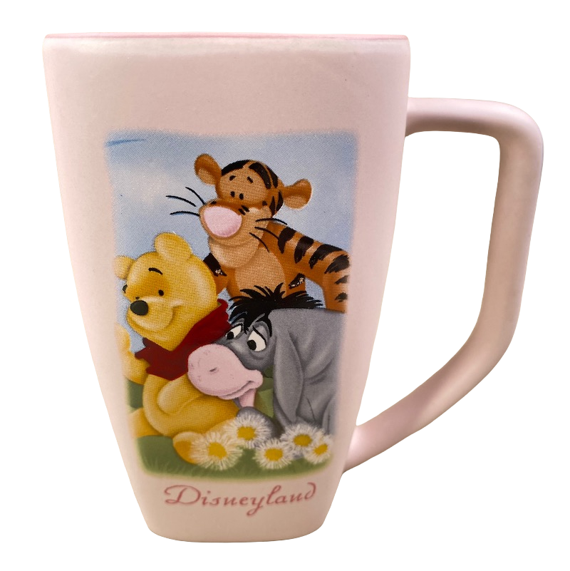 Disneyland Winnie the Pooh Make A Wish vintage mug pink ceramic featuring Pooh Tigger and Eeyore with daisies
