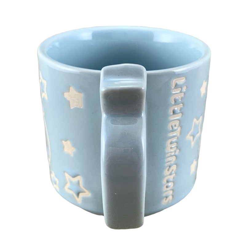 Sanrio Little Twin Stars collectible mug in light blue with star designs and embossed text