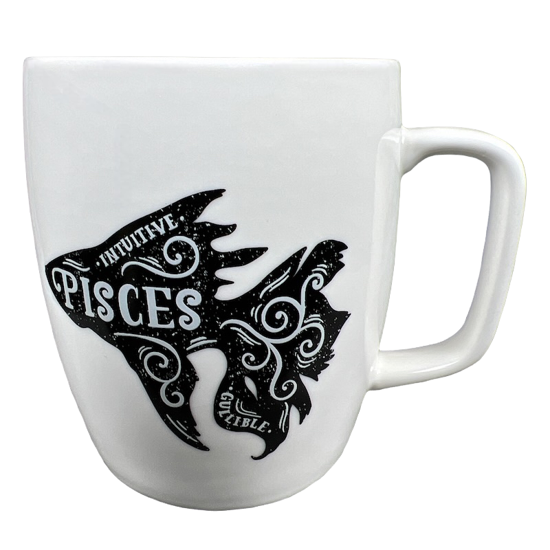 Threshold Pisces astrology mug white ceramic with black ornamental fish design and Pisces text