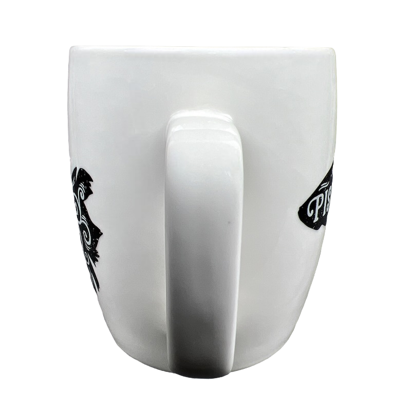 Threshold Pisces astrology mug white ceramic back view with handle front and partial black Pisces design