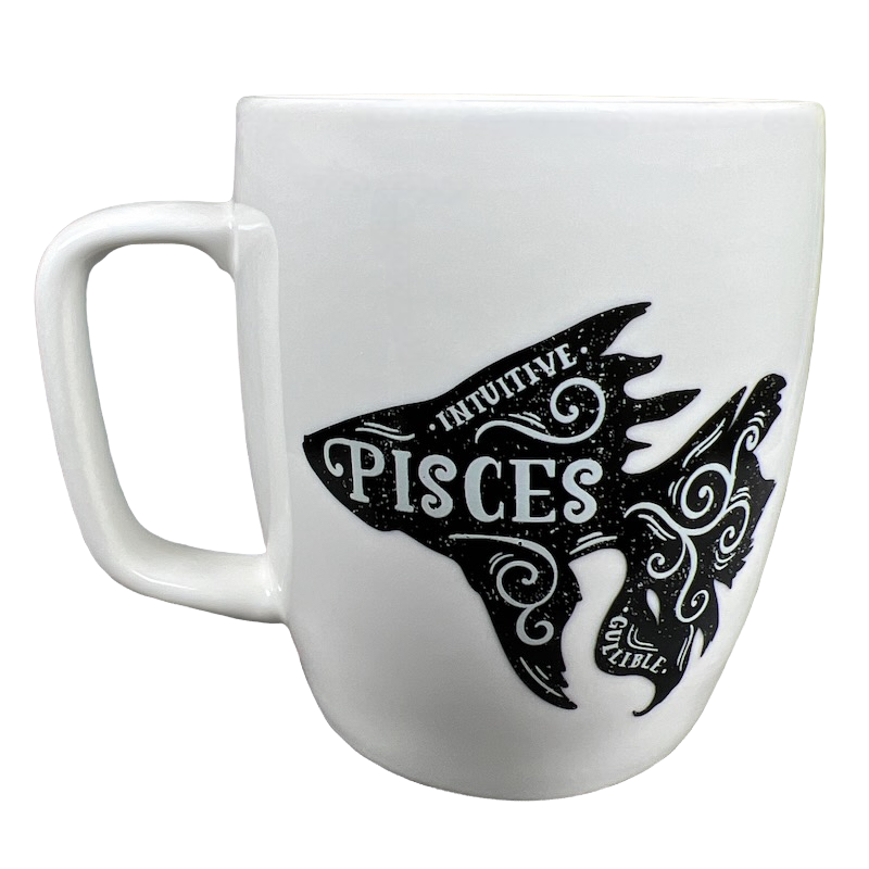 Threshold Pisces astrology mug white ceramic coffee mug with black artistic Pisces fish design and handle