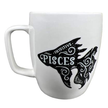 Threshold Pisces astrology mug white ceramic coffee mug with black artistic Pisces fish design and handle